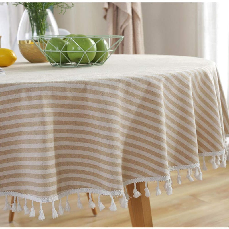 AMZALI Stripe Tassel Tablecloth Cotton Linen Table Cloth Stain Resistant Dust-Proof Table Cover for Kitchen Dinning Tabletop Home Decoration (Round 60 Inch, Beige) - Image 1